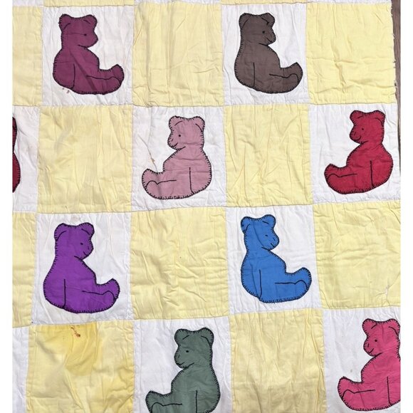 Vintage Handmade Patchwork Baby Quilt Teddy Bears 1940's Damaged READ - Picture 2 of 9